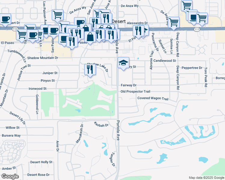 map of restaurants, bars, coffee shops, grocery stores, and more near 46071 Portola Avenue in Palm Desert