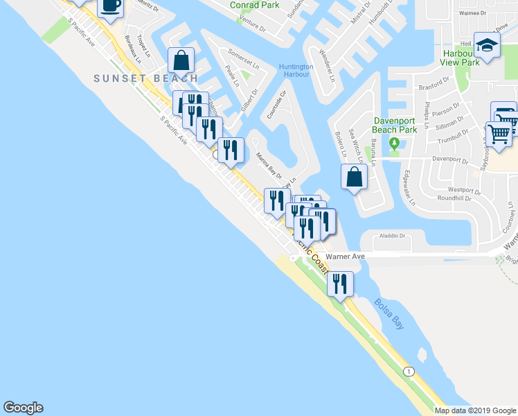 map of restaurants, bars, coffee shops, grocery stores, and more near 17085 5th Street in Huntington Beach