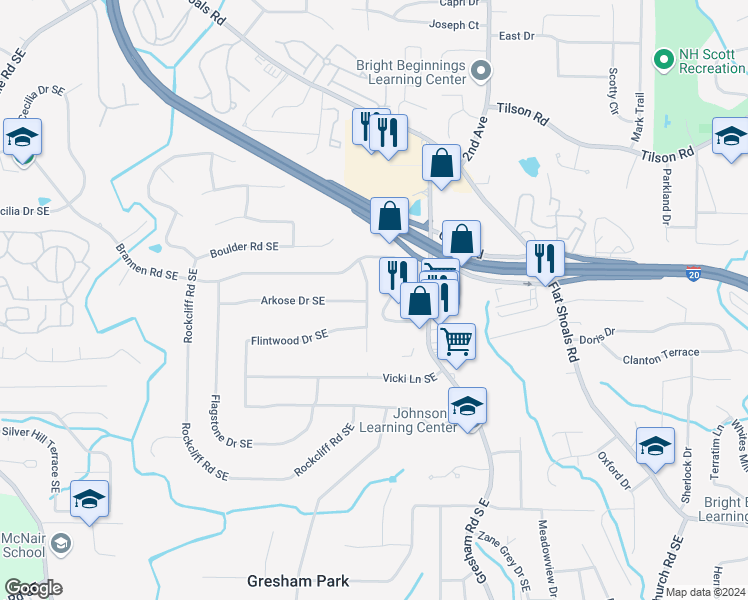 map of restaurants, bars, coffee shops, grocery stores, and more near 2544 Boulder Road Southeast in Atlanta