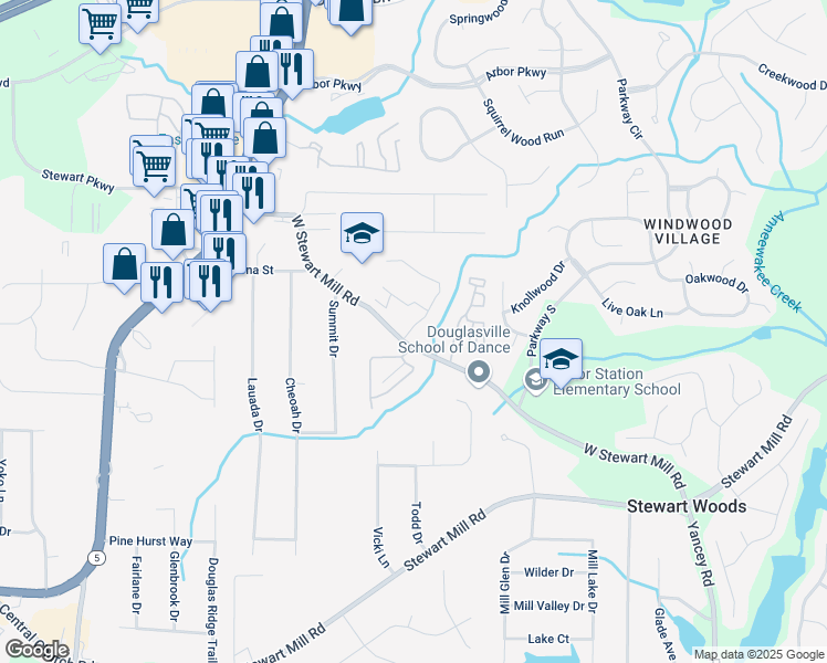 map of restaurants, bars, coffee shops, grocery stores, and more near 3421 West Stewarts Mill Road in Douglasville