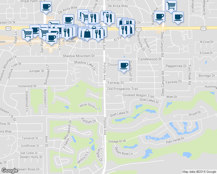 map of restaurants, bars, coffee shops, grocery stores, and more near 74040 Old Prospector Trail in Palm Desert
