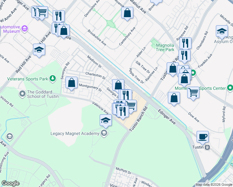 map of restaurants, bars, coffee shops, grocery stores, and more near 1437 Georgia Street in Tustin