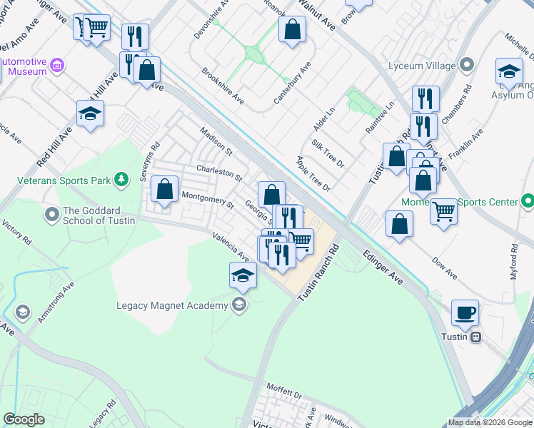 map of restaurants, bars, coffee shops, grocery stores, and more near 1438 Georgia Street in Tustin