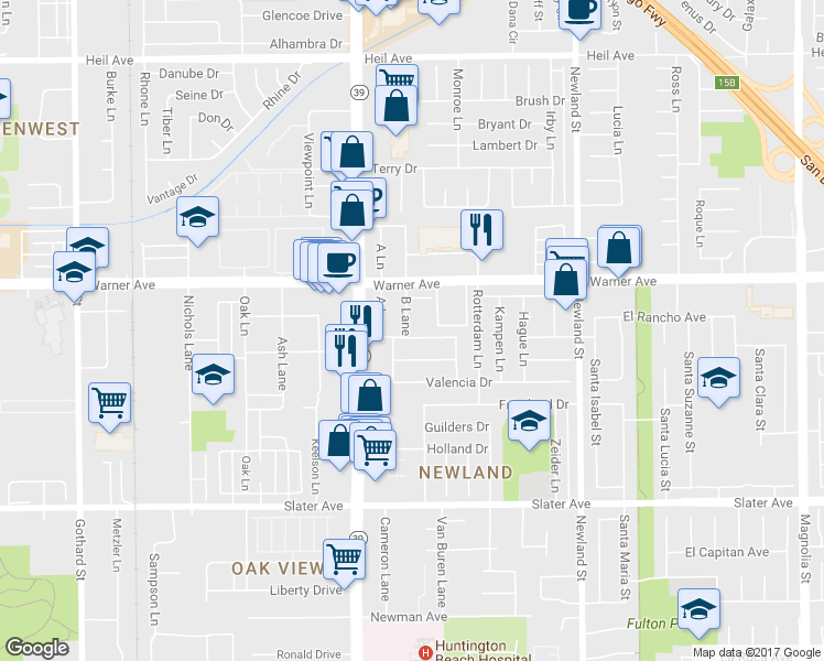 map of restaurants, bars, coffee shops, grocery stores, and more near 17112 B Lane in Huntington Beach