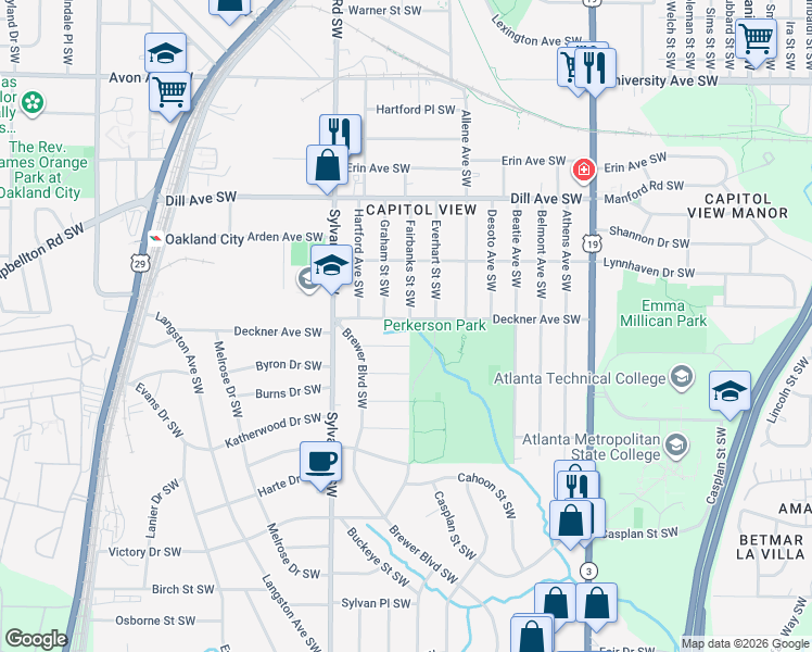 map of restaurants, bars, coffee shops, grocery stores, and more near 830 Deckner Avenue Southwest in Atlanta