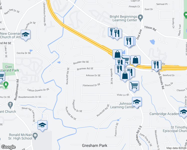 map of restaurants, bars, coffee shops, grocery stores, and more near 1806 Arkose Drive Southeast in Atlanta