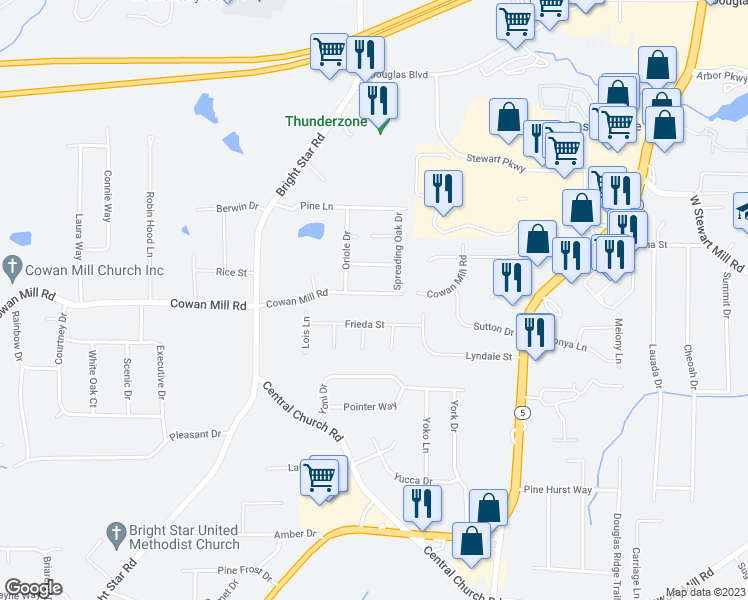 map of restaurants, bars, coffee shops, grocery stores, and more near 6143 Cowan Mill Road in Douglasville