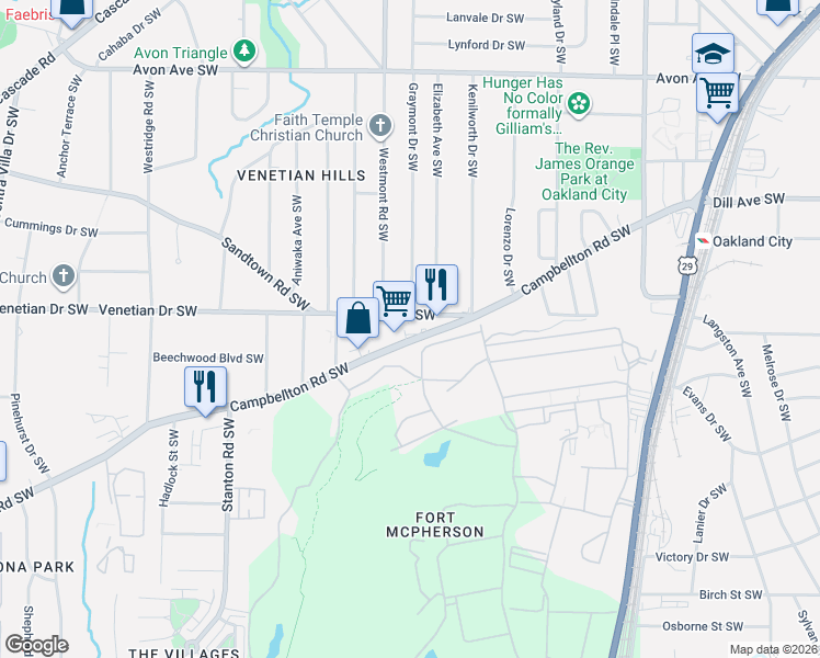 map of restaurants, bars, coffee shops, grocery stores, and more near 1469 Campbellton Road Southwest in Atlanta