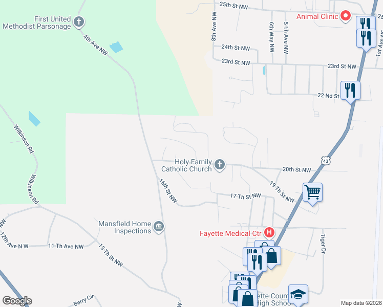 map of restaurants, bars, coffee shops, grocery stores, and more near 601-2123 Shannon Cir in Fayette