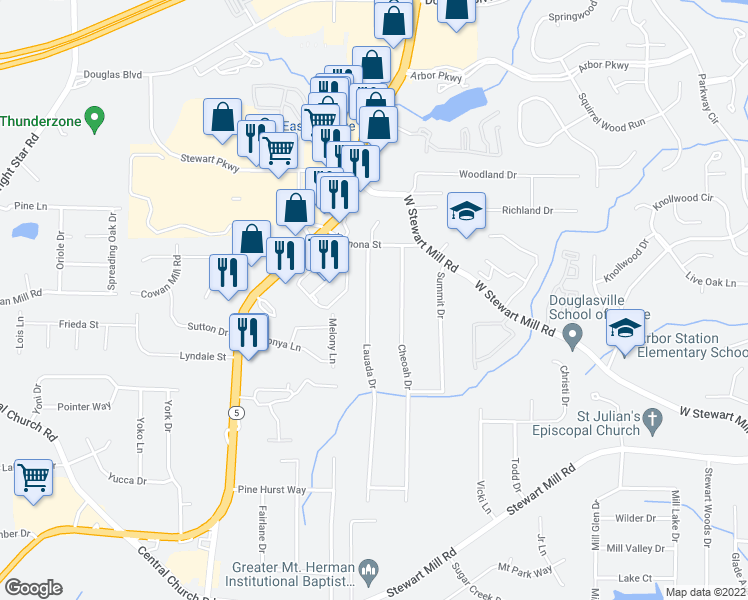 map of restaurants, bars, coffee shops, grocery stores, and more near 3365 Lauada Drive in Douglasville
