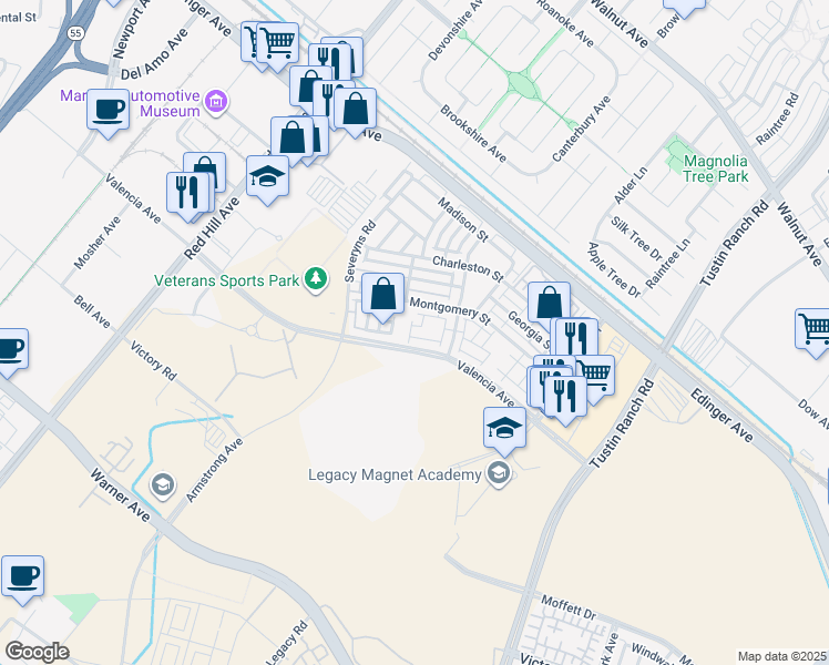 map of restaurants, bars, coffee shops, grocery stores, and more near 1401 Juliette Way in Tustin
