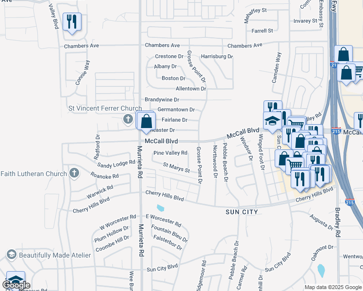 map of restaurants, bars, coffee shops, grocery stores, and more near 26221 McCall Blvd in Riverside
