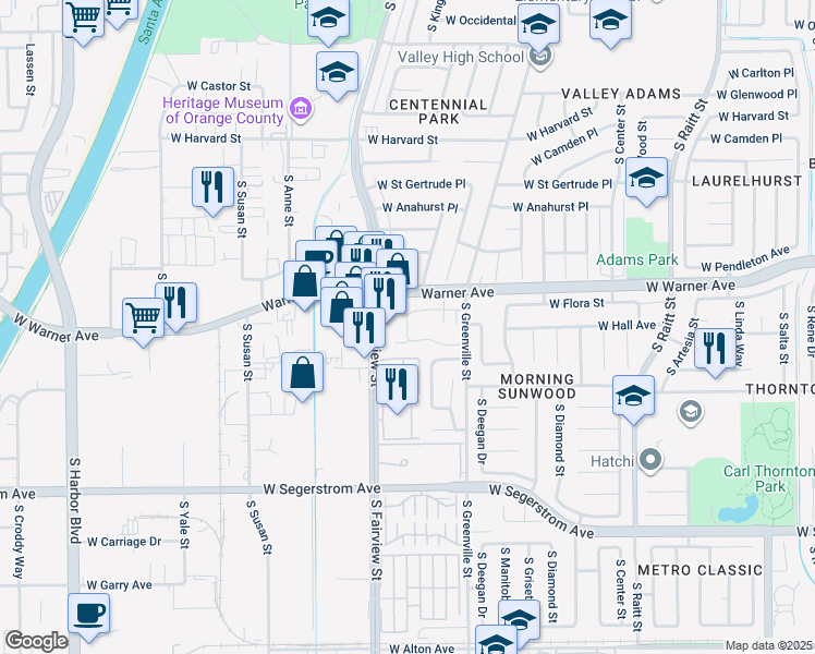 map of restaurants, bars, coffee shops, grocery stores, and more near in Santa Ana