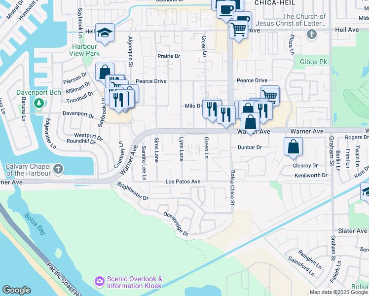 map of restaurants, bars, coffee shops, grocery stores, and more near 17092 Lynn Lane in Huntington Beach