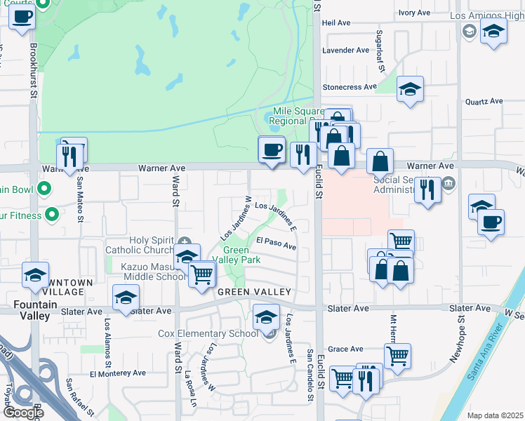 map of restaurants, bars, coffee shops, grocery stores, and more near 10802 Los Jardines East in Fountain Valley