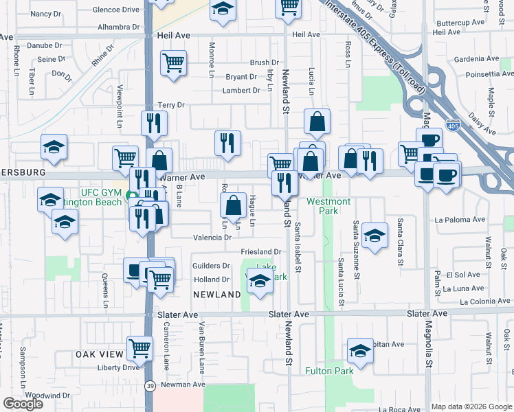 map of restaurants, bars, coffee shops, grocery stores, and more near 8361 Rembrandt Drive in Huntington Beach