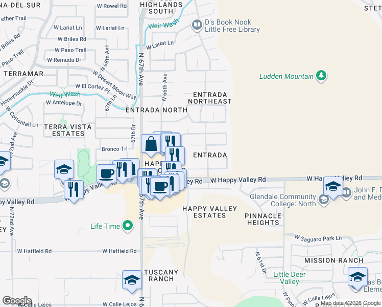 map of restaurants, bars, coffee shops, grocery stores, and more near 6418 West Hackamore Drive in Glendale