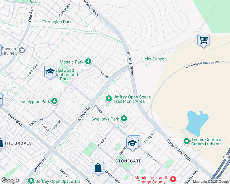 map of restaurants, bars, coffee shops, grocery stores, and more near 55 Walden in Irvine