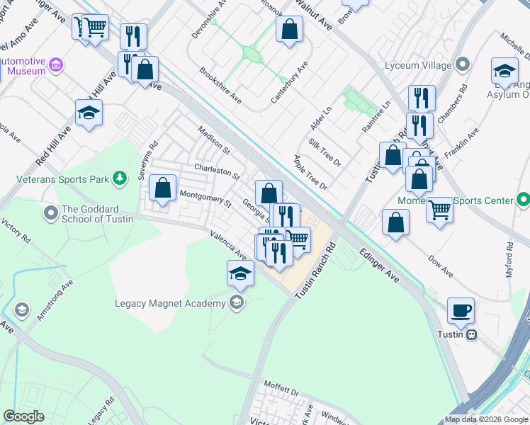 map of restaurants, bars, coffee shops, grocery stores, and more near 1438 Georgia Street in Tustin