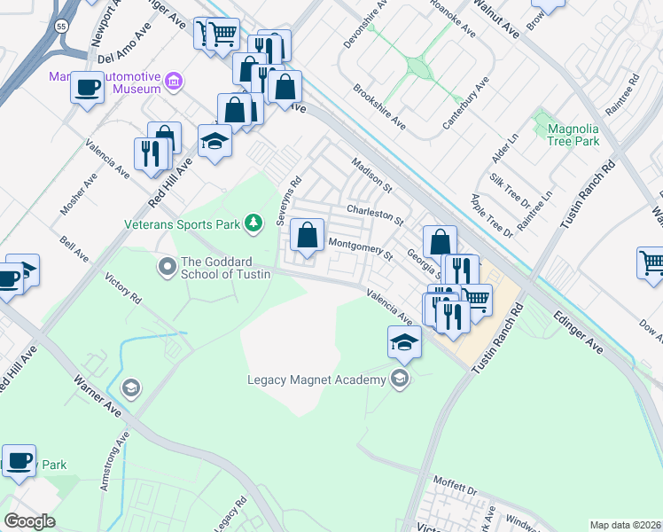 map of restaurants, bars, coffee shops, grocery stores, and more near 1401 Juliette Way in Tustin