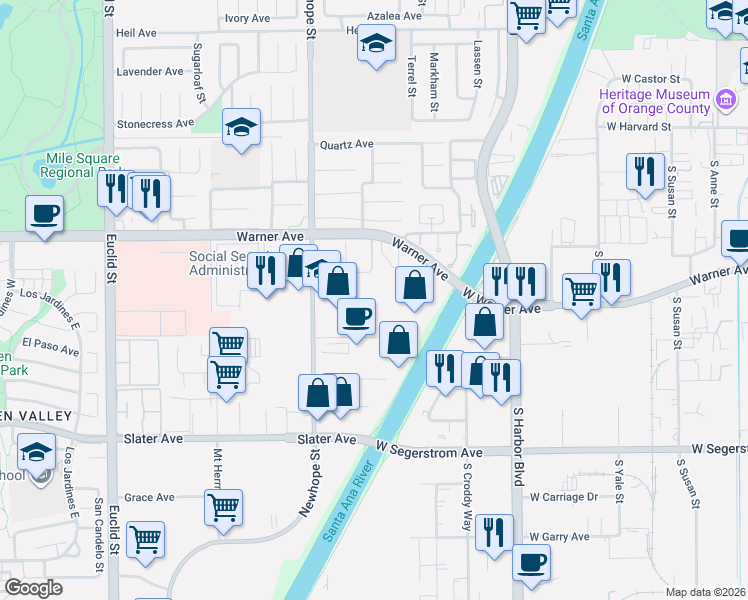 map of restaurants, bars, coffee shops, grocery stores, and more near 17200 Newhope Street in Fountain Valley