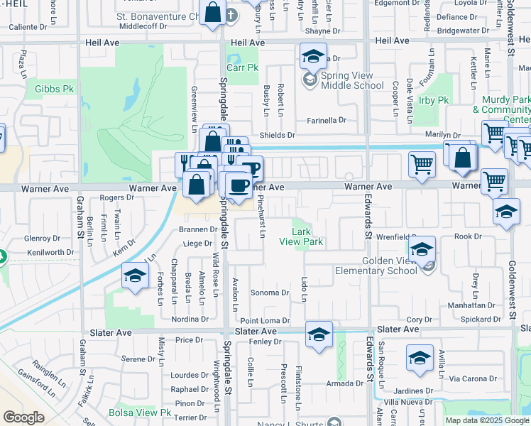 map of restaurants, bars, coffee shops, grocery stores, and more near 17092 Pinehurst Lane in Huntington Beach