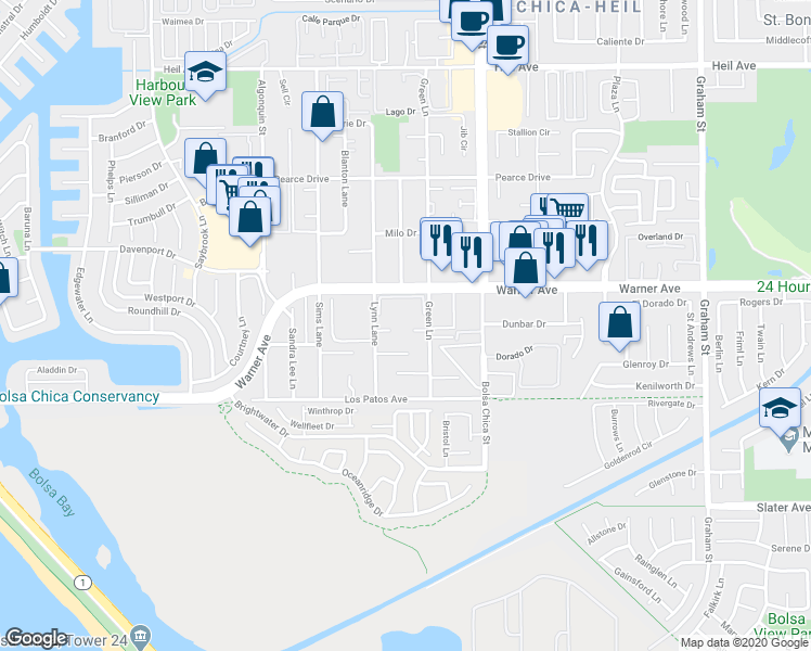 map of restaurants, bars, coffee shops, grocery stores, and more near 17091 Green Lane in Huntington Beach