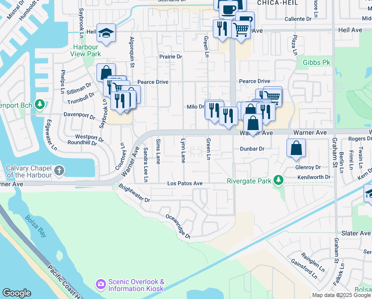 map of restaurants, bars, coffee shops, grocery stores, and more near 17092 Lynn Lane in Huntington Beach