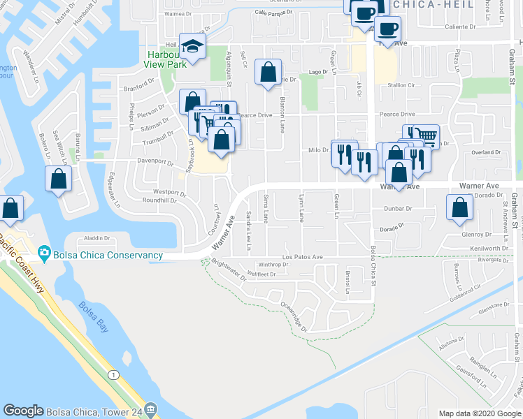 map of restaurants, bars, coffee shops, grocery stores, and more near 17082 Sandra Lee Lane in Huntington Beach