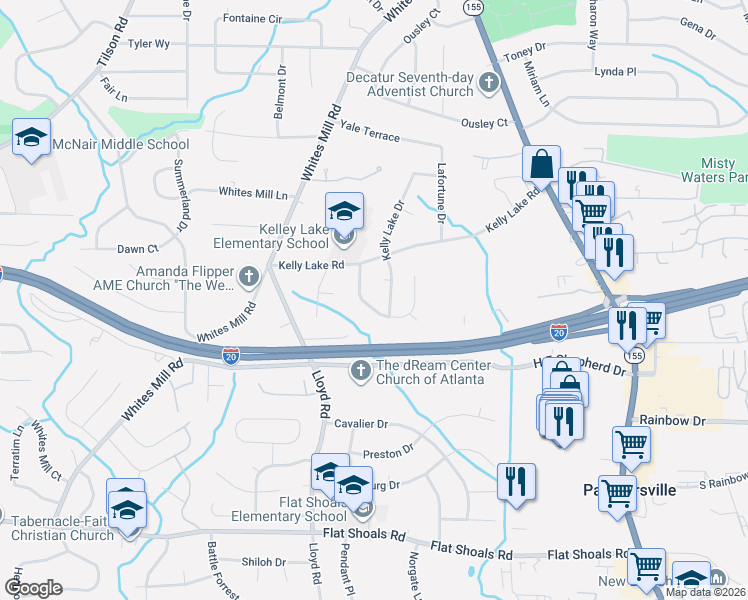map of restaurants, bars, coffee shops, grocery stores, and more near 2537 Candler Woods Drive in Decatur