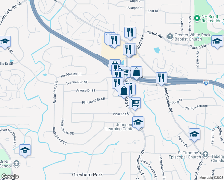 map of restaurants, bars, coffee shops, grocery stores, and more near 2544 Boulder Road Southeast in Atlanta