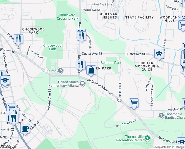 map of restaurants, bars, coffee shops, grocery stores, and more near 645 Federal Terrace Southeast in Atlanta