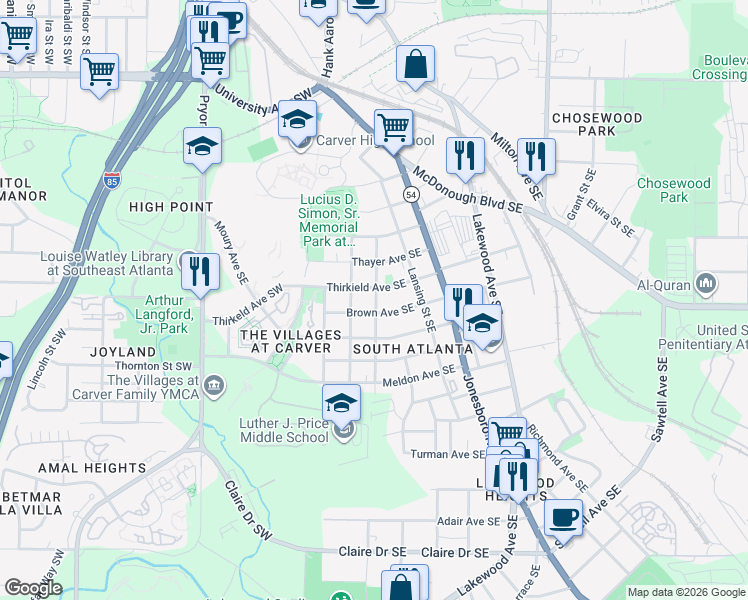 map of restaurants, bars, coffee shops, grocery stores, and more near 1479 Crogman Street Southeast in Atlanta