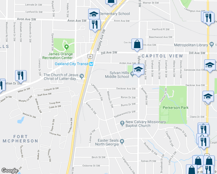map of restaurants, bars, coffee shops, grocery stores, and more near 1065 Deckner Avenue Southwest in Atlanta