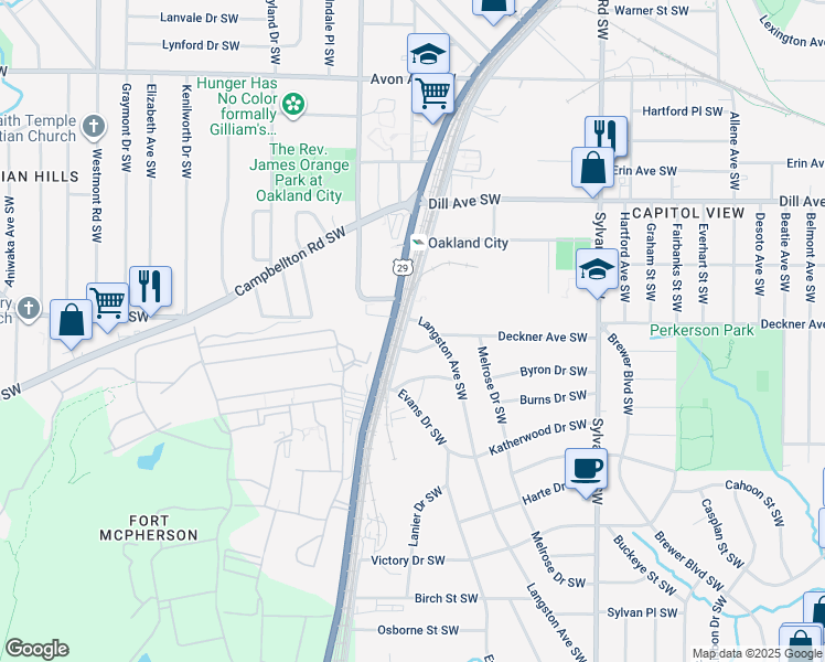 map of restaurants, bars, coffee shops, grocery stores, and more near 1514 Murphy Avenue Southwest in Atlanta
