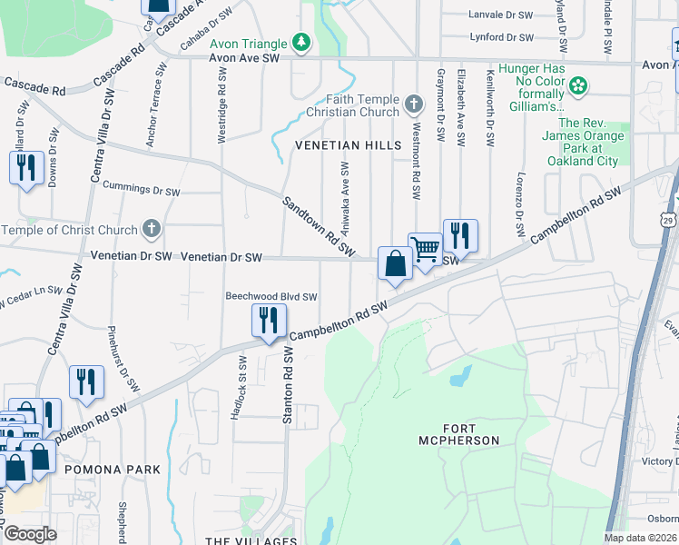 map of restaurants, bars, coffee shops, grocery stores, and more near 1529 Sarah M Harden Drive Southwest in Atlanta