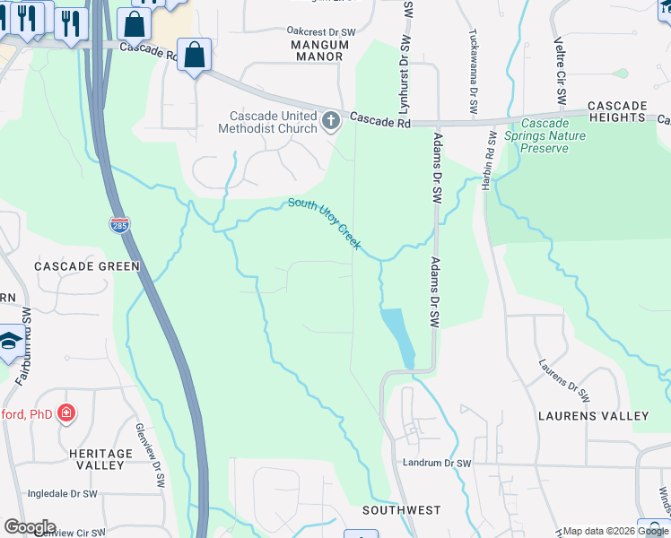 map of restaurants, bars, coffee shops, grocery stores, and more near 3180 Key Drive Southwest in Atlanta