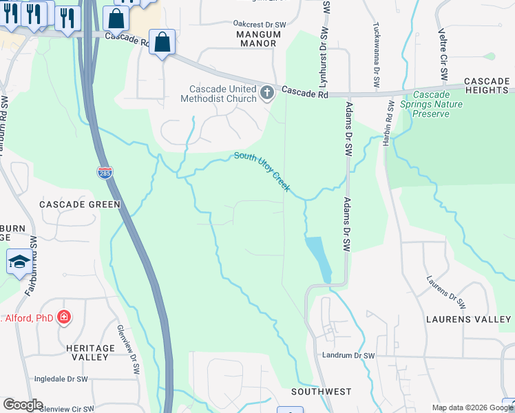 map of restaurants, bars, coffee shops, grocery stores, and more near 3180 Key Drive Southwest in Atlanta