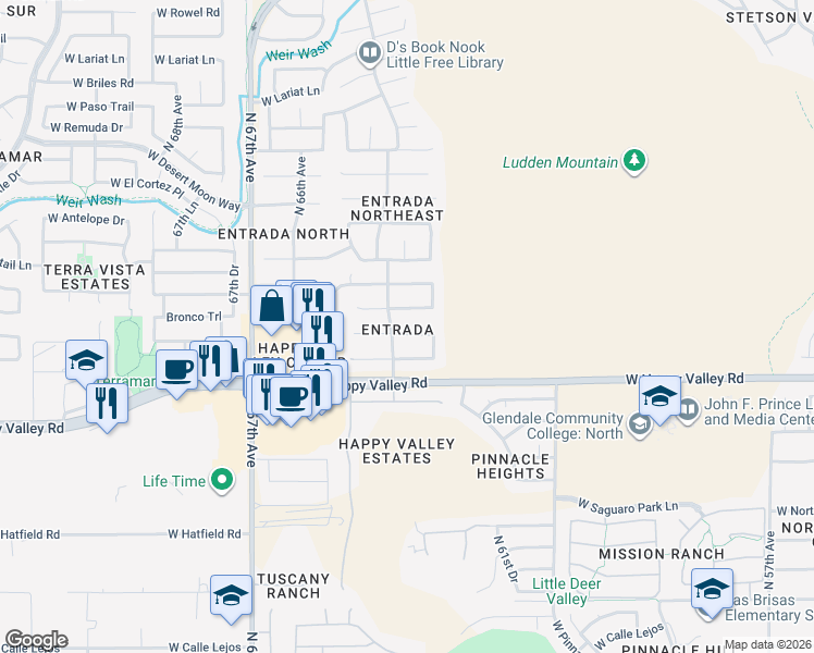 map of restaurants, bars, coffee shops, grocery stores, and more near 6342 West Hackamore Drive in Phoenix