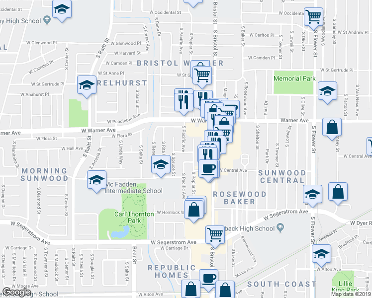 map of restaurants, bars, coffee shops, grocery stores, and more near 1421 West Hall Avenue in Santa Ana