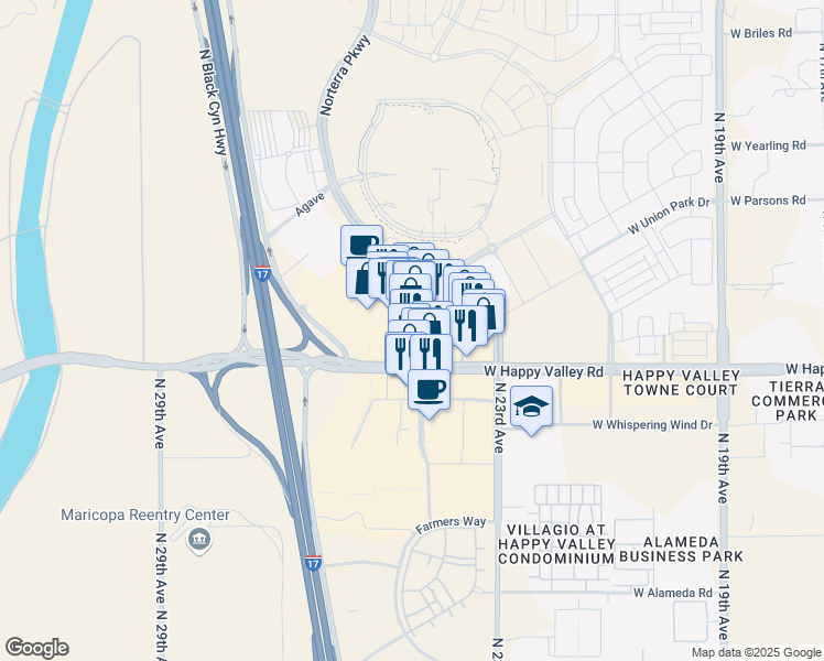 map of restaurants, bars, coffee shops, grocery stores, and more near 2440 West Happy Valley Road in Phoenix