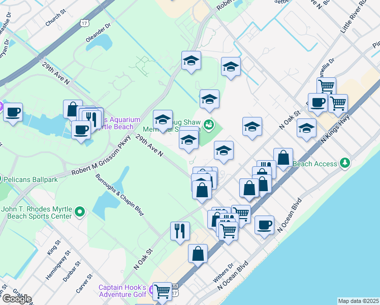 map of restaurants, bars, coffee shops, grocery stores, and more near 612 29th Avenue North in Myrtle Beach
