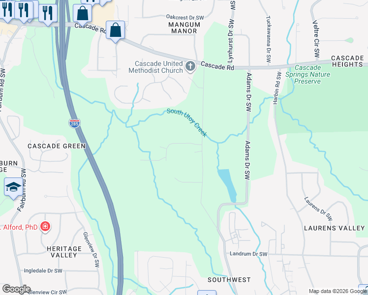 map of restaurants, bars, coffee shops, grocery stores, and more near 3180 Key Drive Southwest in Atlanta