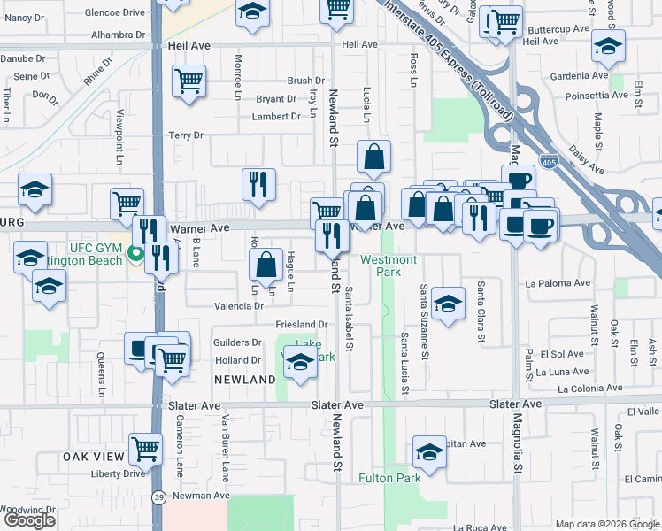 map of restaurants, bars, coffee shops, grocery stores, and more near 8471 Rembrandt Drive in Huntington Beach
