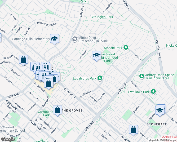 map of restaurants, bars, coffee shops, grocery stores, and more near 101 Rotunda in Irvine