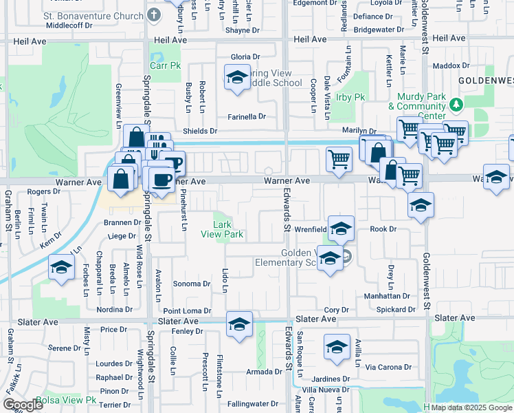 map of restaurants, bars, coffee shops, grocery stores, and more near 6371 Meadow Crest Drive in Huntington Beach
