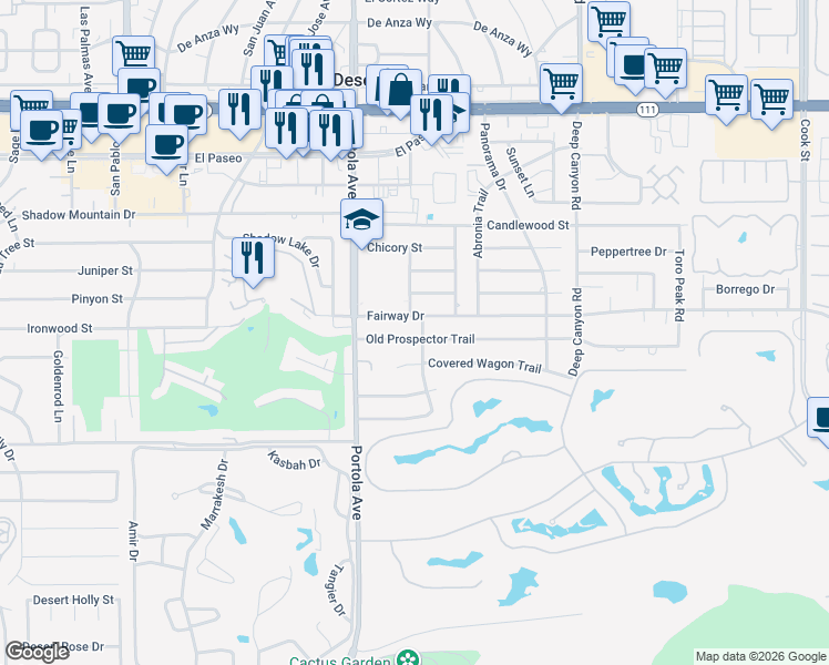 map of restaurants, bars, coffee shops, grocery stores, and more near 74130 Old Prospector Trail in Palm Desert