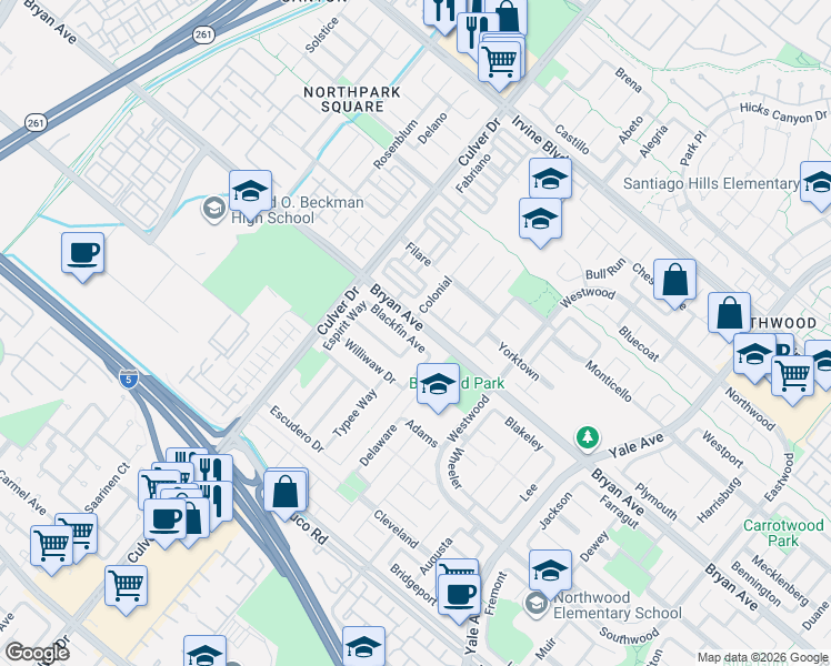 map of restaurants, bars, coffee shops, grocery stores, and more near 4171 Blackfin Avenue in Irvine