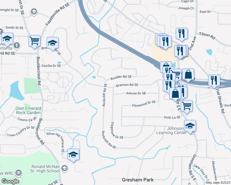 map of restaurants, bars, coffee shops, grocery stores, and more near 2550 Flagstone Drive Southeast in Atlanta