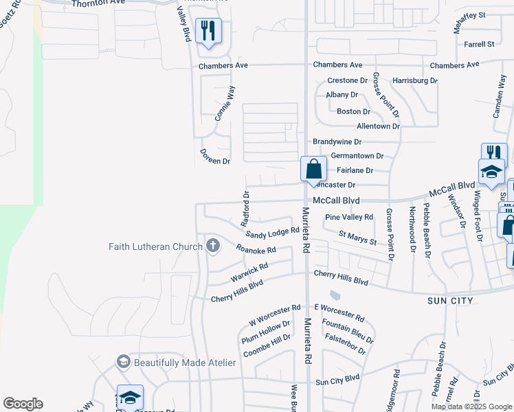 map of restaurants, bars, coffee shops, grocery stores, and more near 25801 McCall Boulevard in Menifee